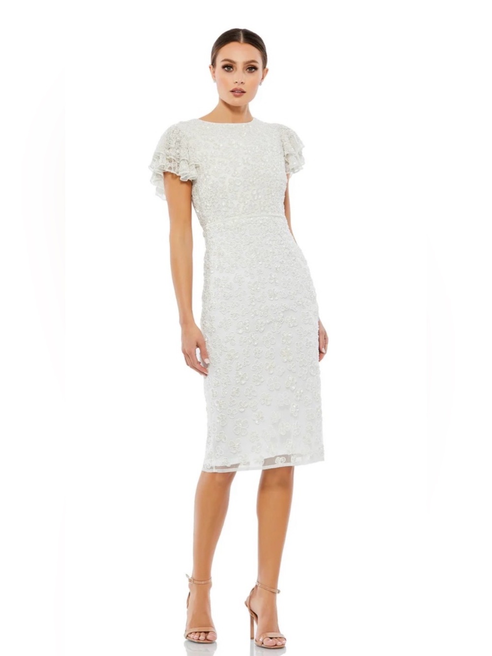 Mac Duggal White Sequined Flutter Sleeve Midi Gown Size 4